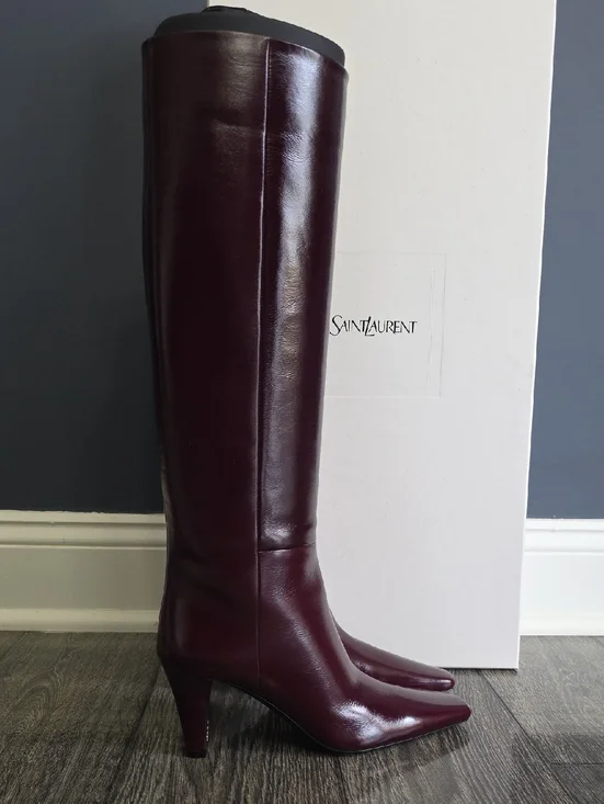 Saint Laurent Burgundy Leather Over-the-Knee Pointed-Toe Boots - Picture 1 of 14
